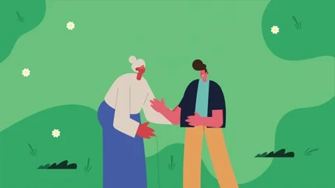Animated young man helping elderly woman outdoors in green garden landscape.. Stock Footage 333719589