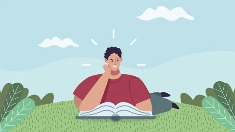 Animated young man lying on green grass and reading book outdoors in sunny .. Stock Footage 338421915