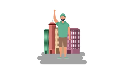 Animated young man protesting with raised fist in front of city skyline bui.. Stock Footage 334266226