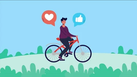 Animated young man riding a bicycle outdoors with social media notification.. 库存影片 339269650