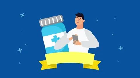 Animated young man with smartphone and medicine bottle motion graphic with .. 스톡 동영상 334090712