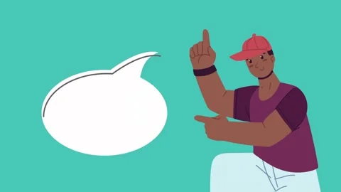 Animated young man wearing red cap pointing at empty speech bubble on turqu.. 스톡 동영상 339072253