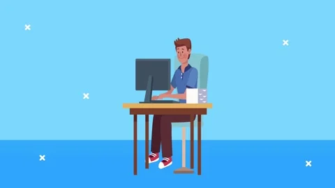 Animated young man working on desktop computer at office desk with blue bac.. Stock Footage 338993254