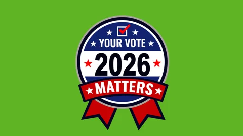 Animated Your Vote 2026 Matters Badge with Checkmark, Stars and Patriotic Ri Stock Footage 341865266