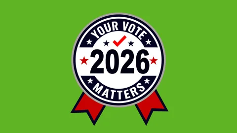 Animated Your Vote Matters 2026 Badge with Patriotic Stars and Ribbons Video stock 341865275