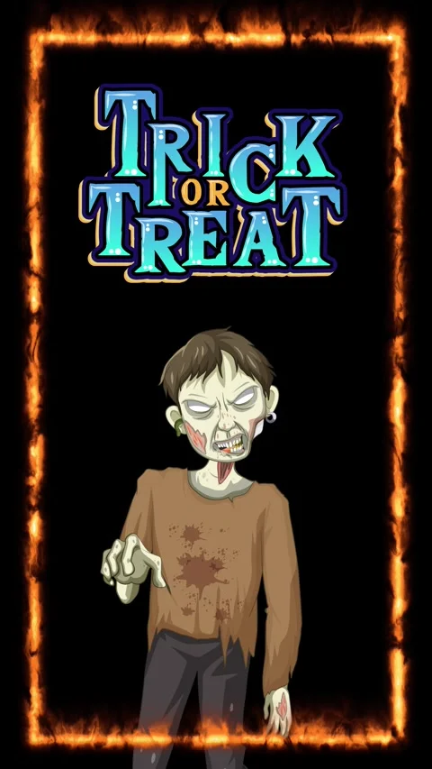 Animated Zombie Character with Trick or Treat Text in Fire Frame Stock Footage 341558446