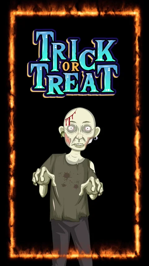Animated Zombie Character with Trick or Treat Text in Flaming Frame Stock Footage 342489002