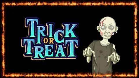 Animated Zombie Character with Trick or Treat Text and Fire Border Stock Footage 344845080