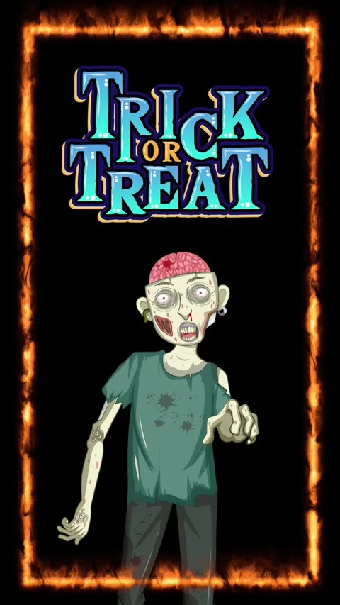 Animated Zombie Character with Trick or Treat Text in Fire Frame Stock Footage 346372259