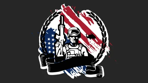 Animates soldier with weapon on the background of the flag of america motion Stock Footage 141054033