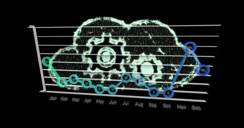 Animating 3D cloud graphic receiving data update, plotting Jan–Dec line on black Stock Illustration