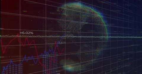Animating 3D dotted globe rotating in virtual analytics display, with red and 스톡 일러스트