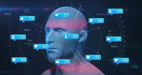 Animating 3D dotted mesh head model in digital interface, with social media 스톡 일러스트