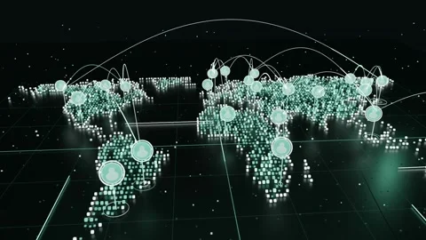Animating 3D map as hub markers appearing, glowing pixels forming arcs on dark Video stock 337964674