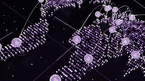 Animating 3D map starting with purple columns on dark plane, forming nodes and Stock Footage 337964688