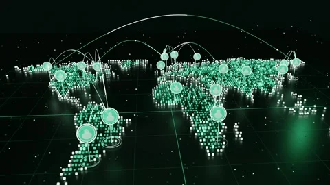 Animating 3D world map, frame-triggered markers rising, arcs linking hubs, Stock Footage 337964685