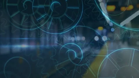 Animating abstract gears over blurred train station background, motion concept Stock Footage 329923147