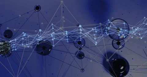 Animating abstract network waving in virtual space, with light-blue nodes, Foto stock
