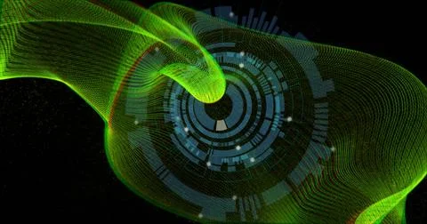 Animating abstract visualization sweeping across black void, with green mesh Stock Illustration