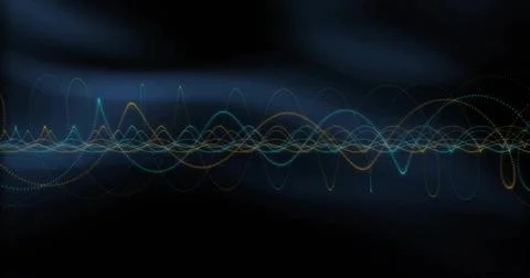 Animating abstract waveform spanning navy backdrop, featuring cyan teal gold Stock Illustration
