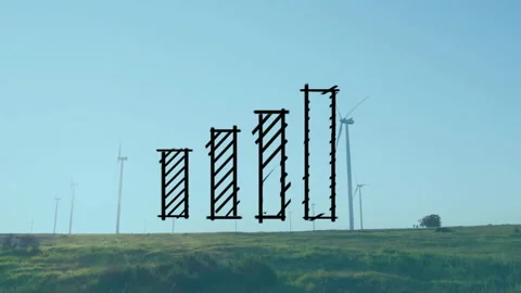 Animating bar chart over wind turbines spinning in grassy landscape Stock Footage 306214684