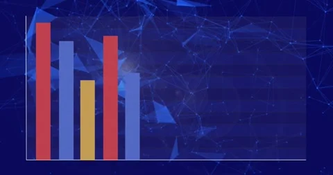 Animating bar chart showing red, light-blue, yellow bars on dark network with Stock Footage 331160902