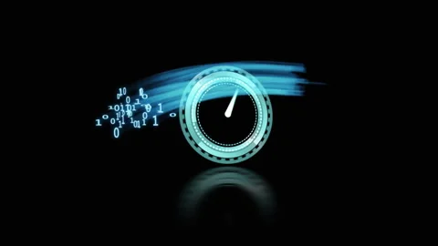 Animating binary code and digital speedometer on black background Stock Footage 304256141