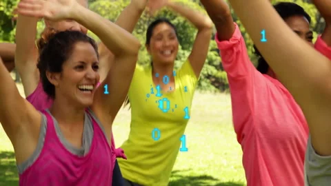 Animating binary code over diverse women exercising outdoors Stock Footage 303792957