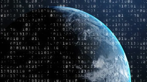Animating binary code over rotating Earth in space Stock Footage 304101611