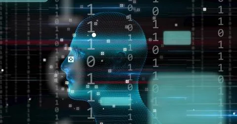 Animating blue dotted mesh head moving through virtual space, showing binary Foto stock