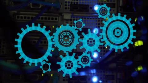 Animating blue gears over server hardware in data center Stock Footage 303461656
