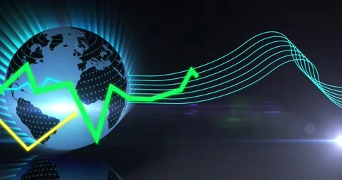 Animating blue globe with binary code at left, drawing green, yellow, cyan Stock Footage 331126199