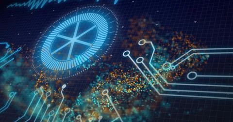 Animating blue radial HUD casting spokes over grid with traces, particle clouds, Stock Illustration