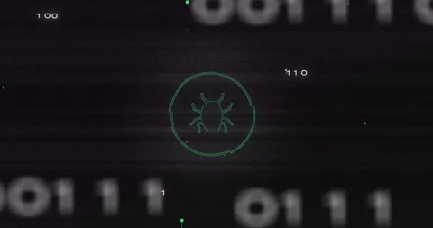 Animating bug icon and binary code over dark background Stock Footage 303616084