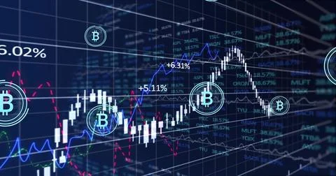 Animating candlestick chart on screen with trend lines and BTC icons as live Illustrazione stock