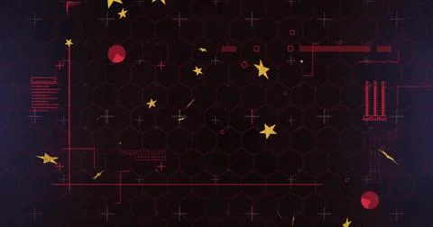 Animating centered cluster of yellow stars and red axis lines on dark hex grid, Stock Illustration