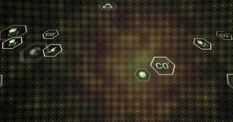 Animating centered dot-matrix grid displaying glowing green hex icons on LED Foto stock