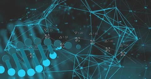 Animating centered network in virtual space, with glowing nodes, lines, helix Stock Illustration