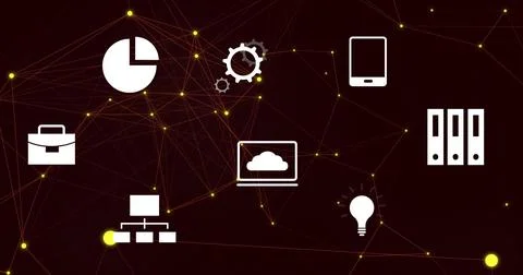 Animating centered stylized network pulsing yellow nodes on maroon backdrop, Stock Photos