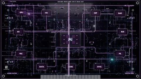 Animating central AI module emitting traces across schematic canvas, scan bar Stock-Footage 337964620
