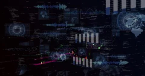 Animating central candlestick chart with magenta average line in data dashboard, イラスト素材