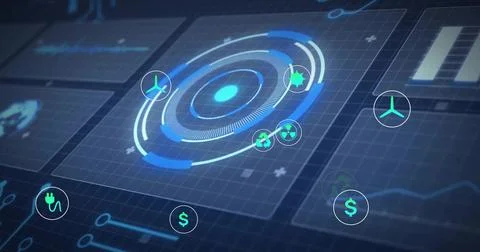 Animating central circular digital interface in virtual control panel, with e Stock Illustration