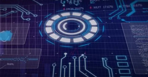 Animating central circular HUD element rotating over dark grid plane, showing 写真素材