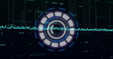 Animating central circular HUD interface on dark grid, with waveform data Stock Photos