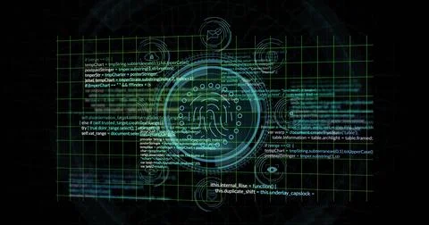 Animating central circular HUD pulsing with layered rings on green grid UI, with Illustrazione stock