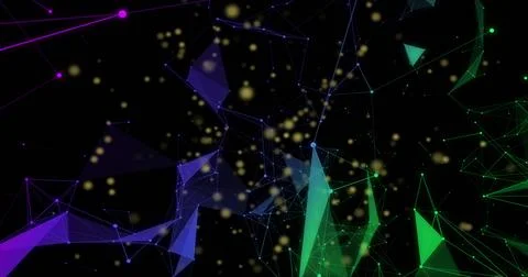 Animating central cluster, triangles, wireframes and nodes, golden particles Stock Illustration