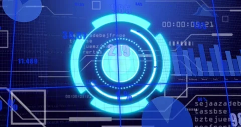 Animating central cyan concentric HUD reticle at virtual dashboard, pulsing Stock Footage 331165451