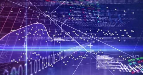 Animating central data dashboard flowing in 3D UI, showing trend lines, binary 库存插图