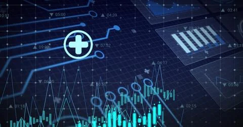 Animating central data dashboard pulsing on dark grid, with cyan charts and Stock Photos
