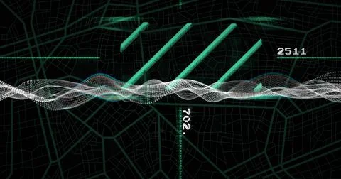 Animating central dotted waveform moving across data map, wireframe grid beams Illustrazione stock